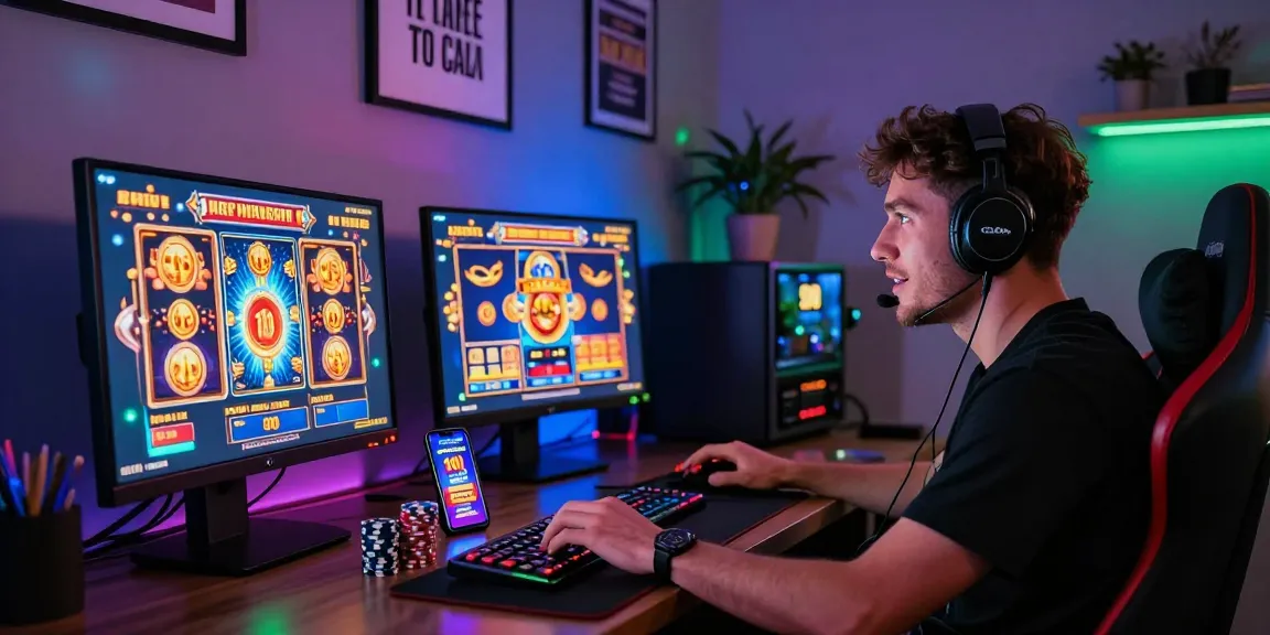 Exciting scene of a gamer at home enjoying the slot bonus new member 100 gaming experience, with vibrant screens and immersive atmosphere.