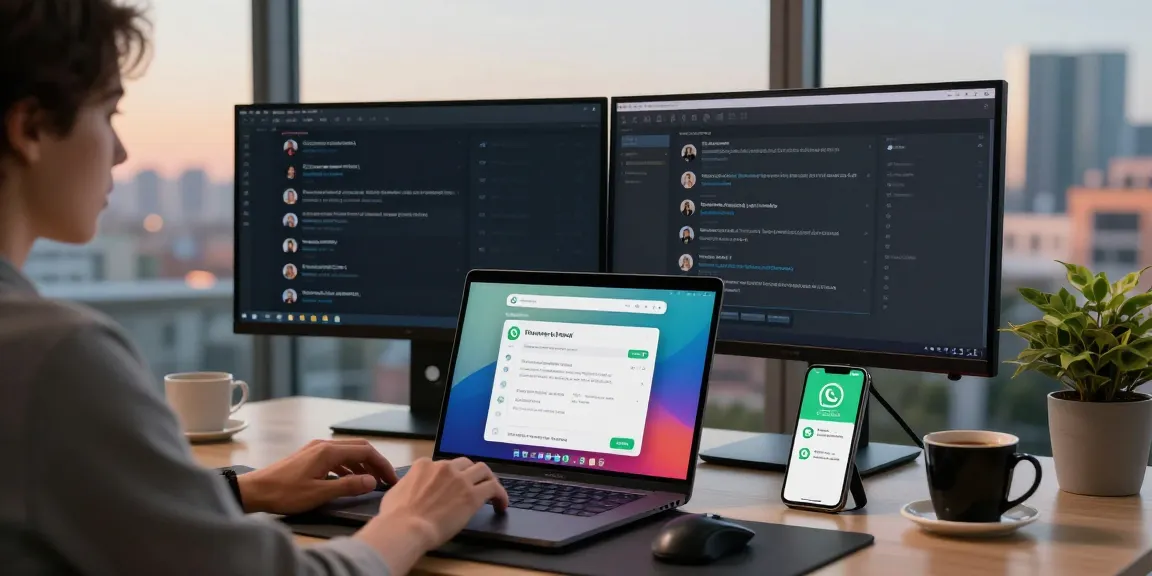 Using WhatsApp網頁版 on a sleek laptop in a vibrant workspace with ambient lighting and productivity elements.