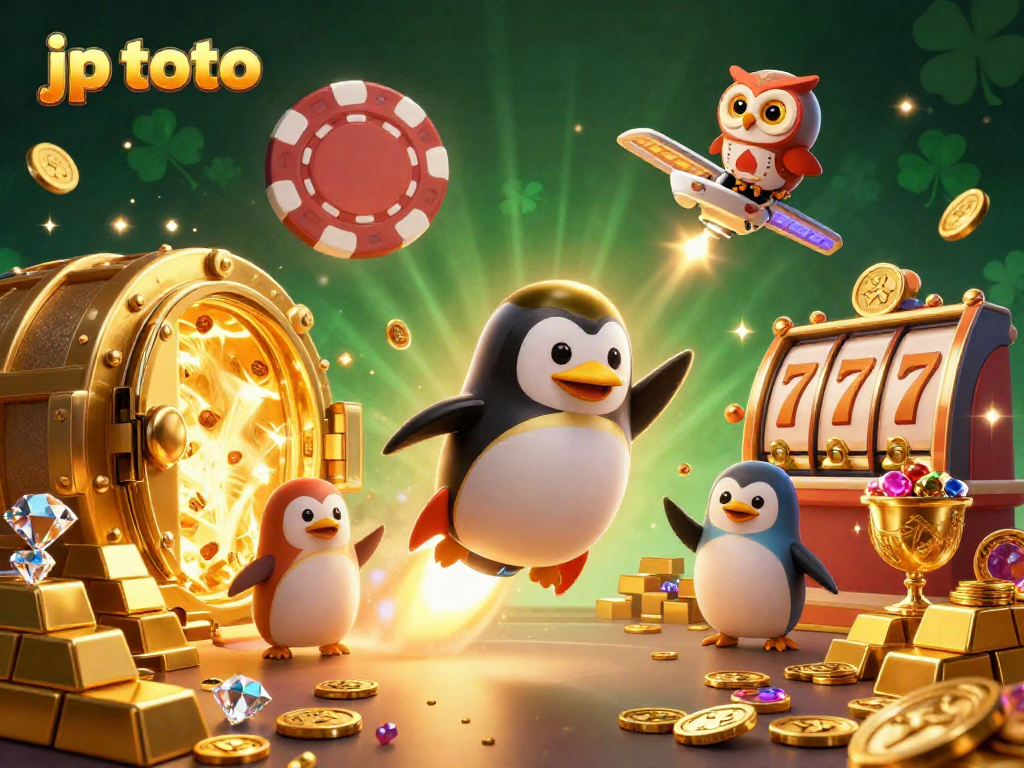 Experience the vibrant jp toto universe with a golden penguin and casino elements in space.
