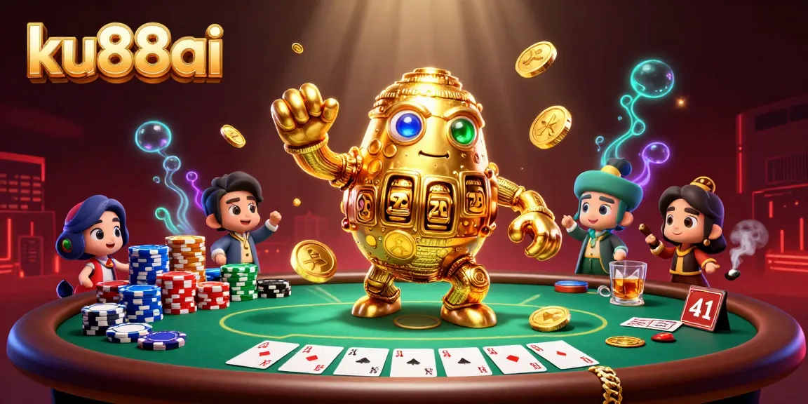 Engage with ku88ai's dynamic casino scene featuring a golden golem and poker elements.