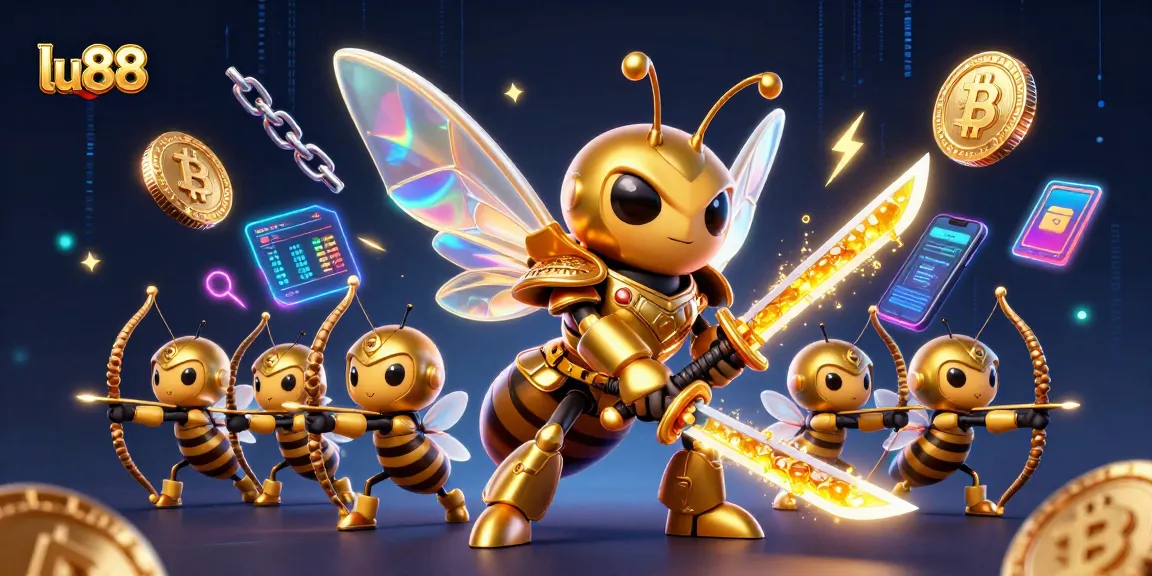 lu88 showcases an epic gaming scene with a samurai hornet surrounded by crypto elements and vibrant energy.