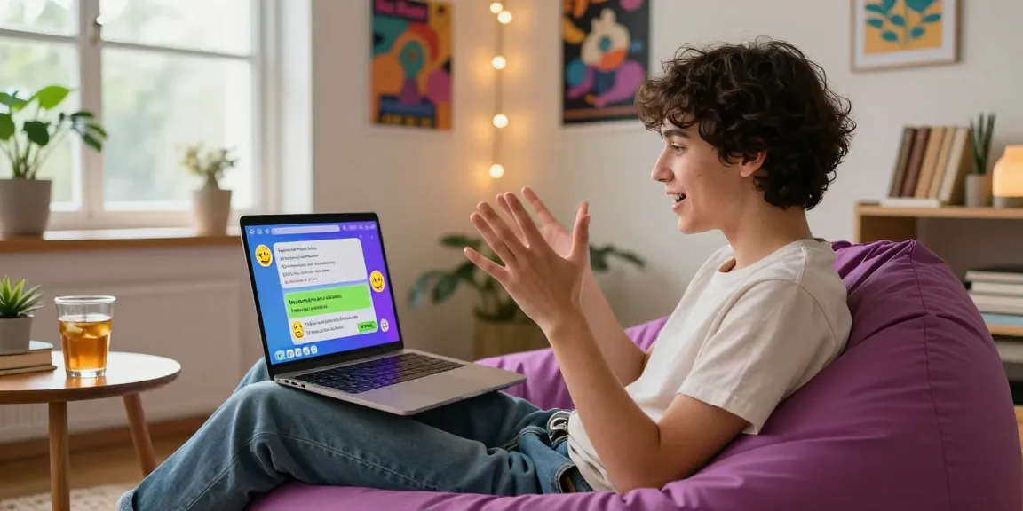 Engaging young adult enjoying nsfw ai chat with a vibrant digital companion in a cozy room setting