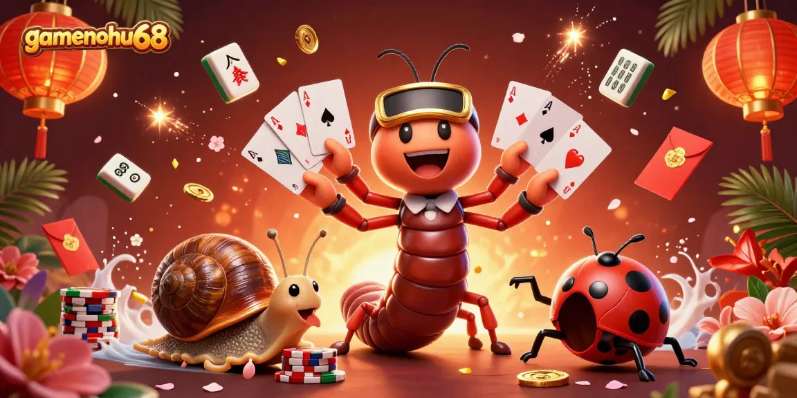 Experience the thrill of gamenohu68 with a vibrant casino illustration featuring a millipede dealer and exciting elements.