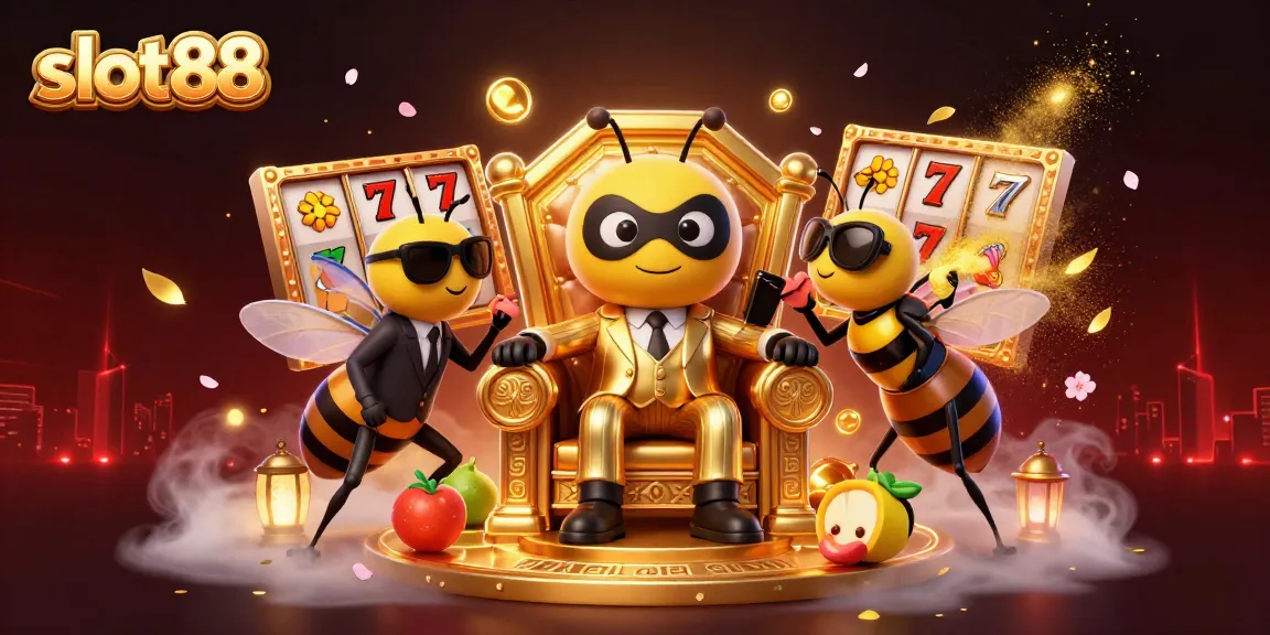 Spin the slot88 reels alongside the bumblebee mob boss in this vibrant casino scene.