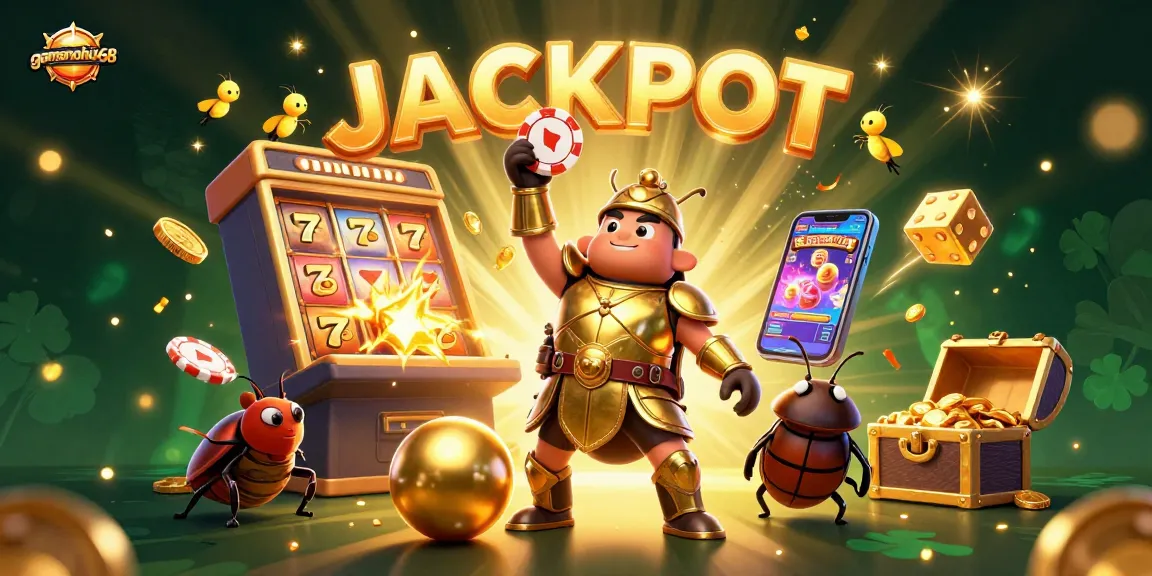 Engage in thrilling gameplay with gamenohu68 as a hercules beetle lifts a poker chip, surrounded by casino elements.