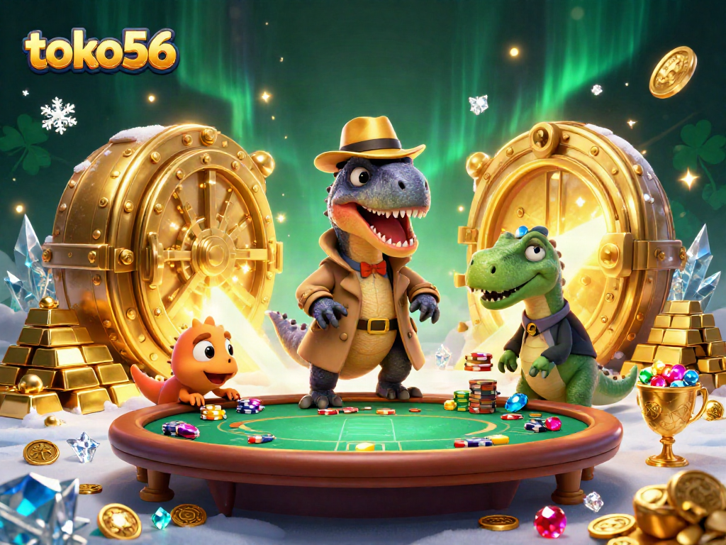 Melihat toko56 dengan velociraptor kartu di meja poker, dipenuhi harta karun dan kemewahan.