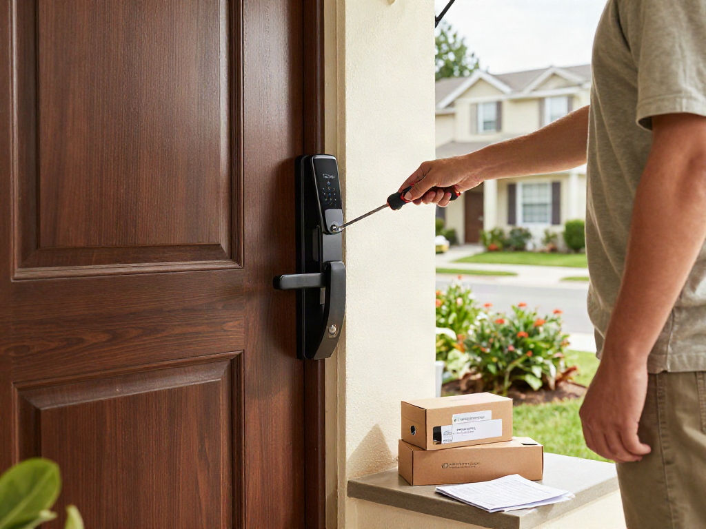 Installing قفل هوشمند on a stylish front door, showcasing modern home security.