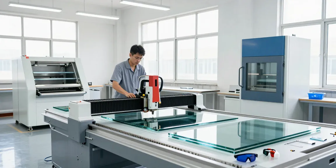 Technician using a glass cutting table in an industrial workshop showcasing advanced glass processing techniques.