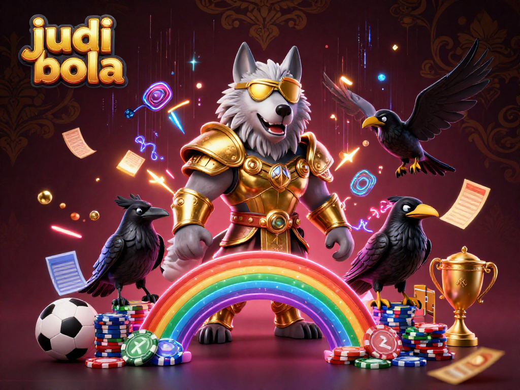Engage in judi bola betting with dynamic sports elements and mythic characters in a captivating casino illustration.