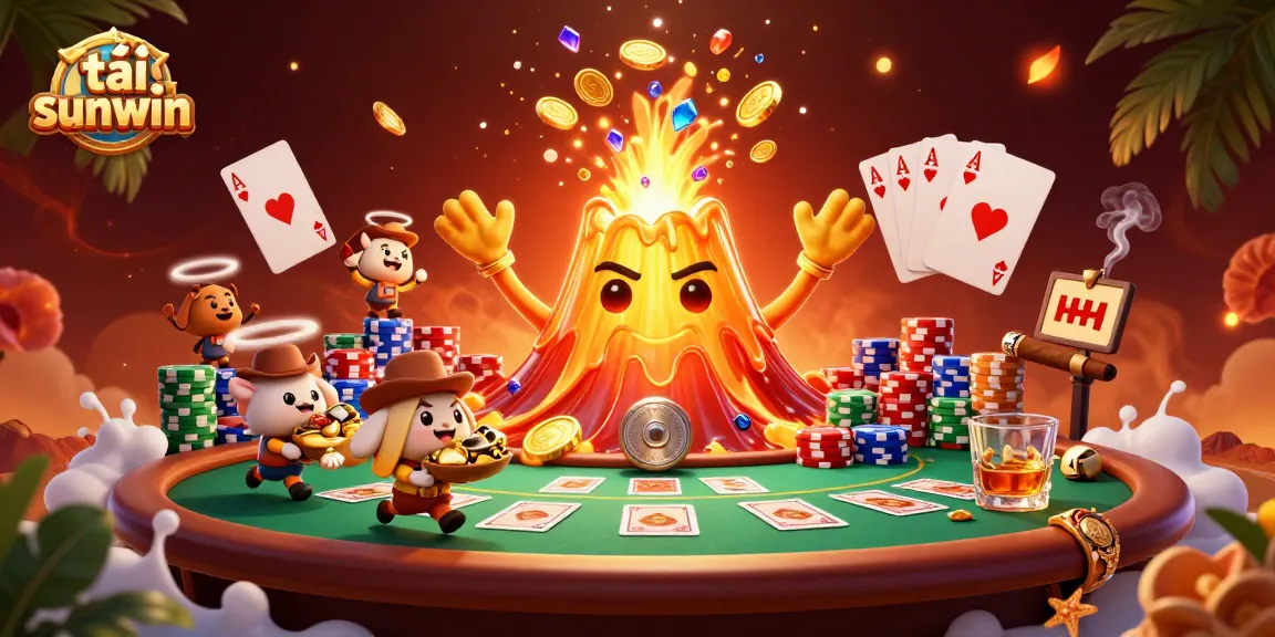 Experience the excitement of tải sunwin as a golden volcano erupts with treasures beside a poker table.