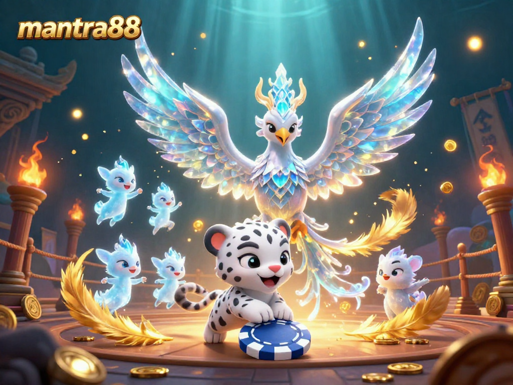 Experience the exhilarating action of mantra88 with an ice phoenix and glowing sprites in a vibrant casino world.