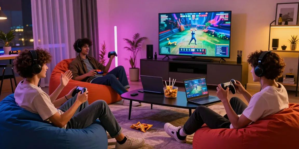 Pengalaman bermain game di https://levitraps.com dengan suasana penuh energi dan pertemanan, dikelilingi oleh perangkat gaming modern.