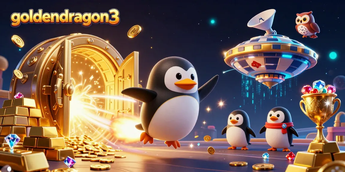 goldendragon3 illustration of a golden penguin amidst casino treasures, showcasing dynamic gaming elements