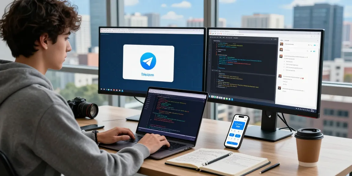 Using the telegram chinese working app on a modern workspace, showcasing a professional engaging with tech.
