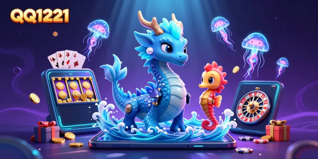 Engage with QQ1221's vibrant casino world featuring a dragon and playful marine elements.