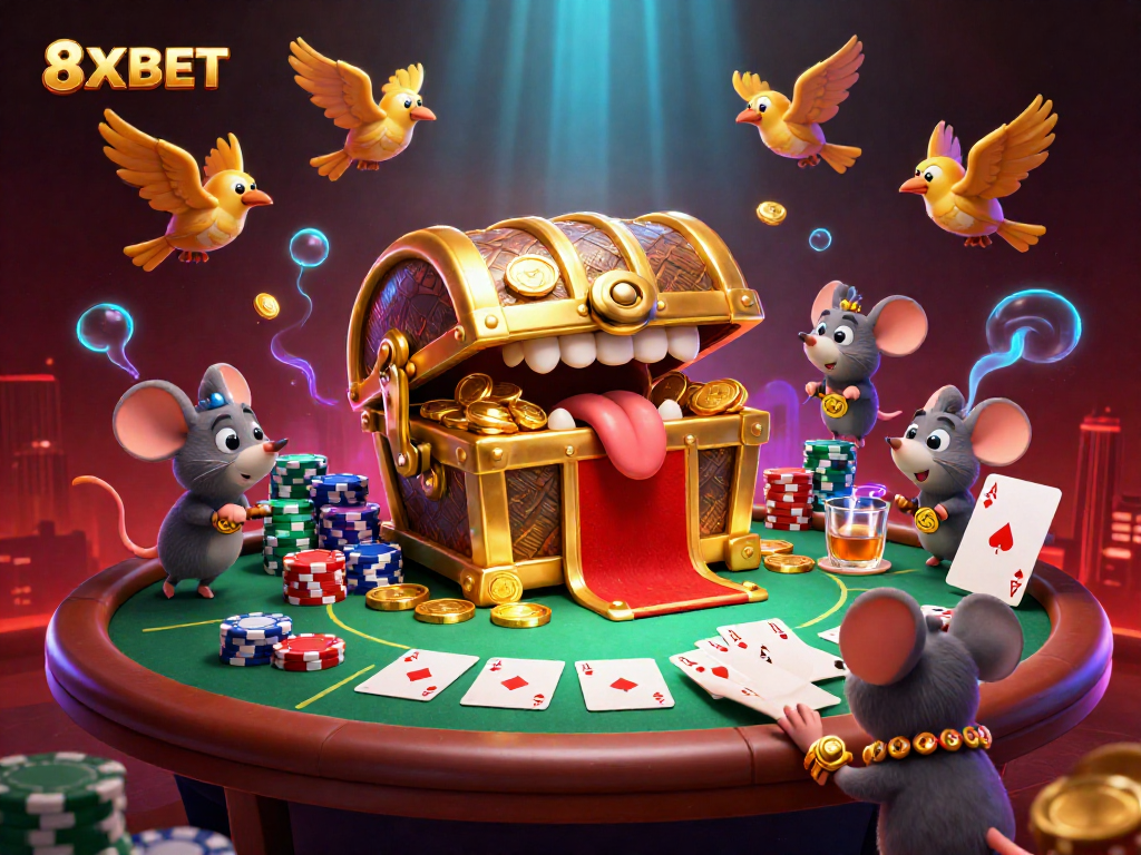 Experience winning at 8XBET with a vibrant 3D casino scene showcasing poker and treasure elements.
