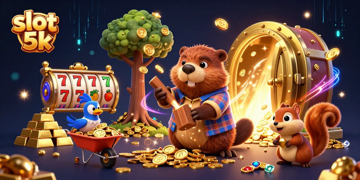 Experience the thrill of slot 5k with dynamic characters amidst golden treasures and slot reels.