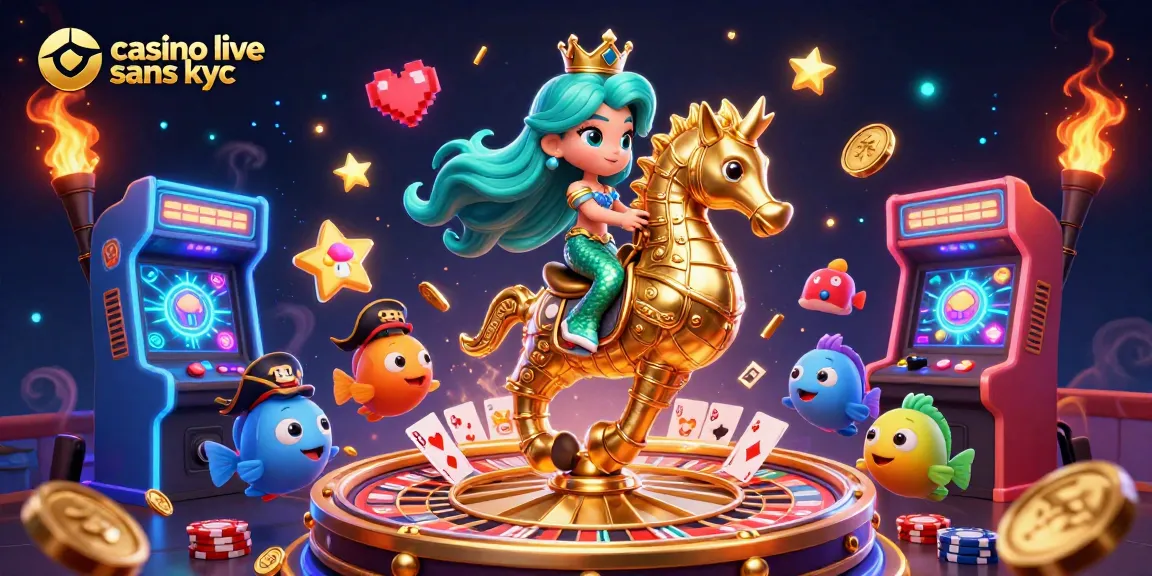 Illustration dynamique d'un casino live sans KYC, avec des personnages de jeux et des éléments colorés.
