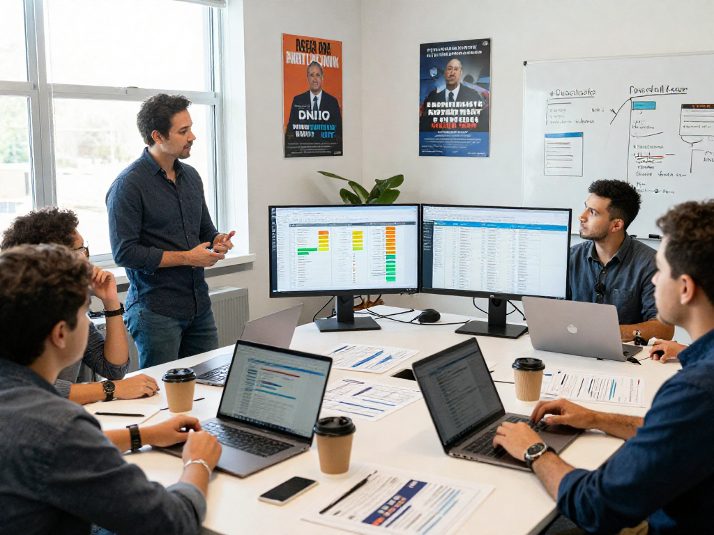 Political text messaging service discussion in a collaborative office setting with strategists analyzing voter data.