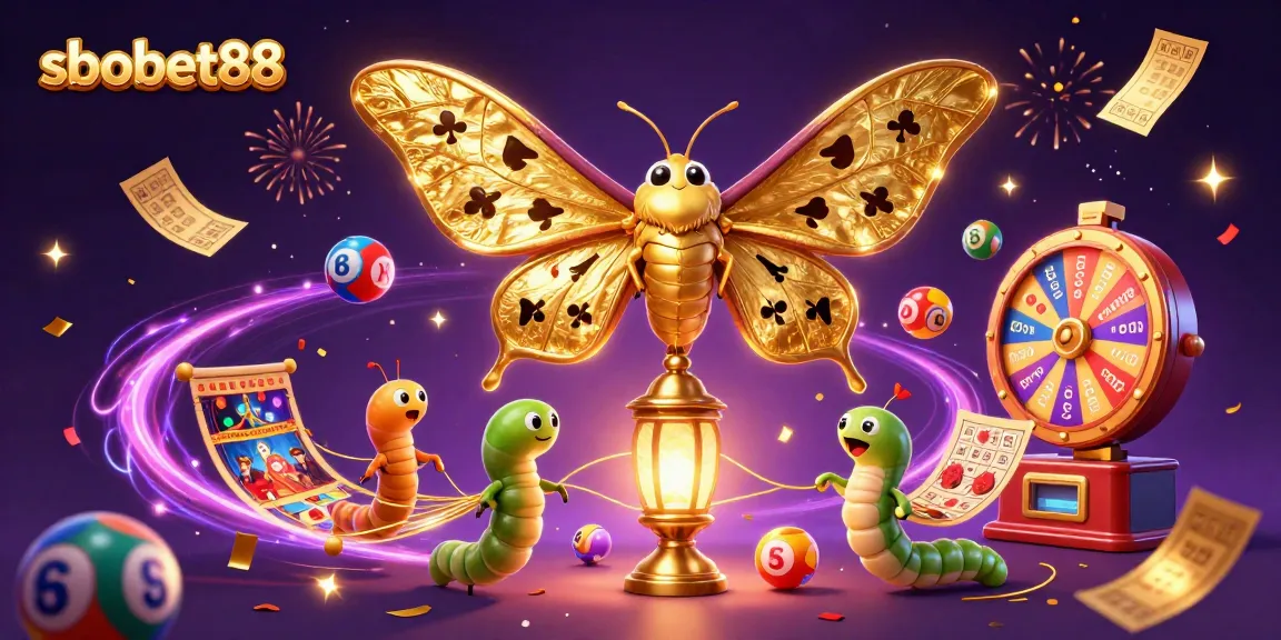 Engage with sbobet88 in a vibrant 3D casino scene with animated lottery elements and golden moth.