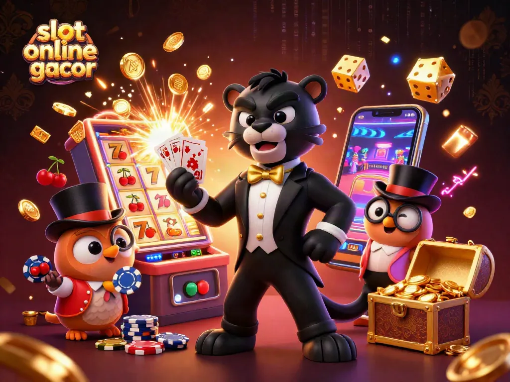 Experience the excitement of slot online gacor with a panther dealer, owl, and mouse amid vibrant casino elements.