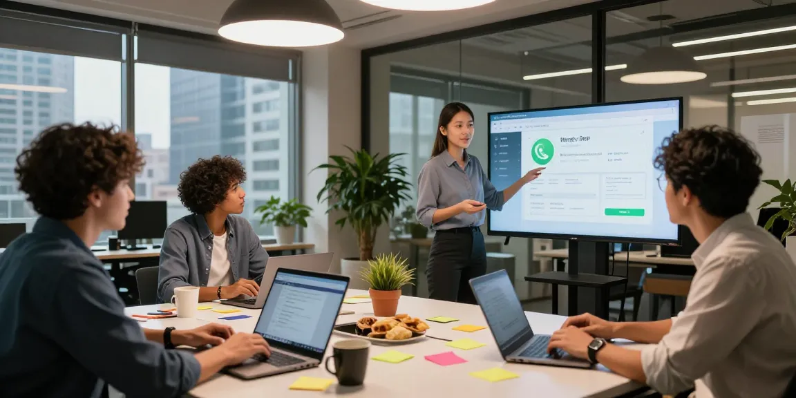 Team collaboration showcasing WhatsApp網頁版 features in a modern office environment.
