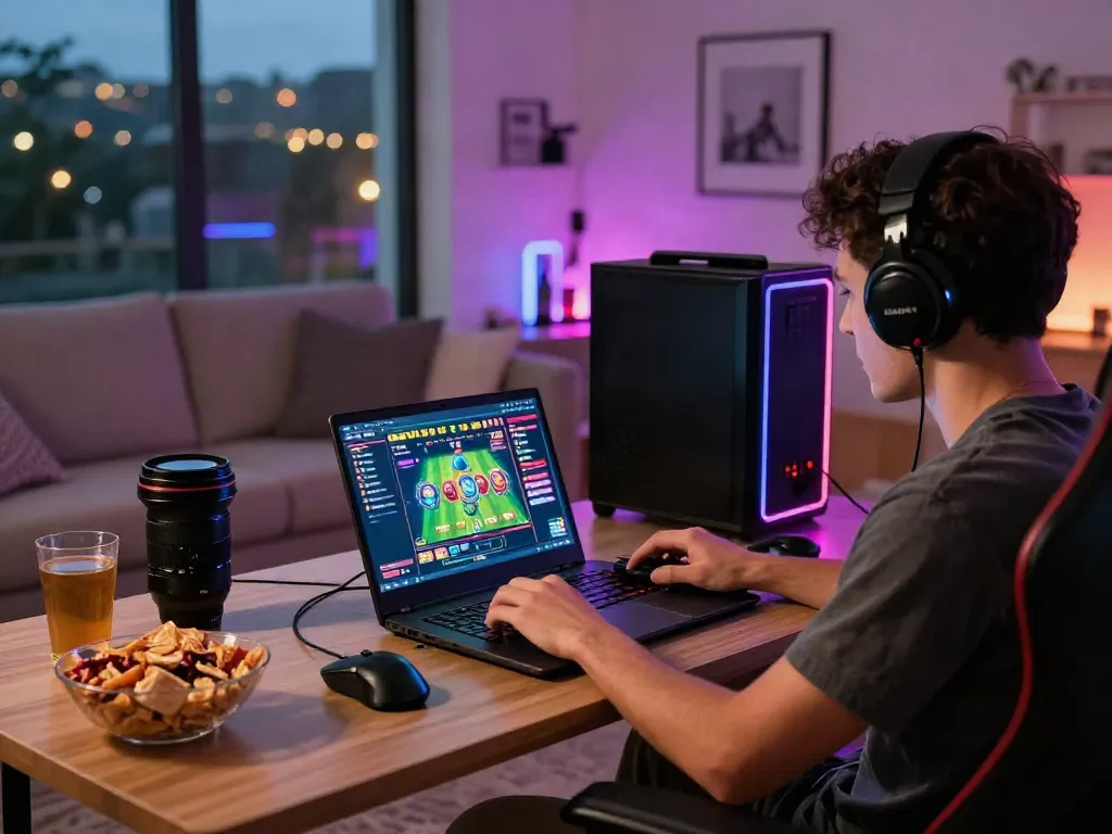 Gamer bermain slot online dengan antusias di ruang tamu modern yang nyaman.