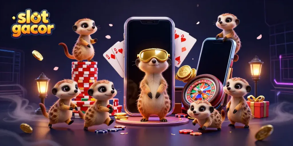 Engaging scene of meerkats operating a casino with slot gacor theme, showing vibrant game elements and animated atmosphere.