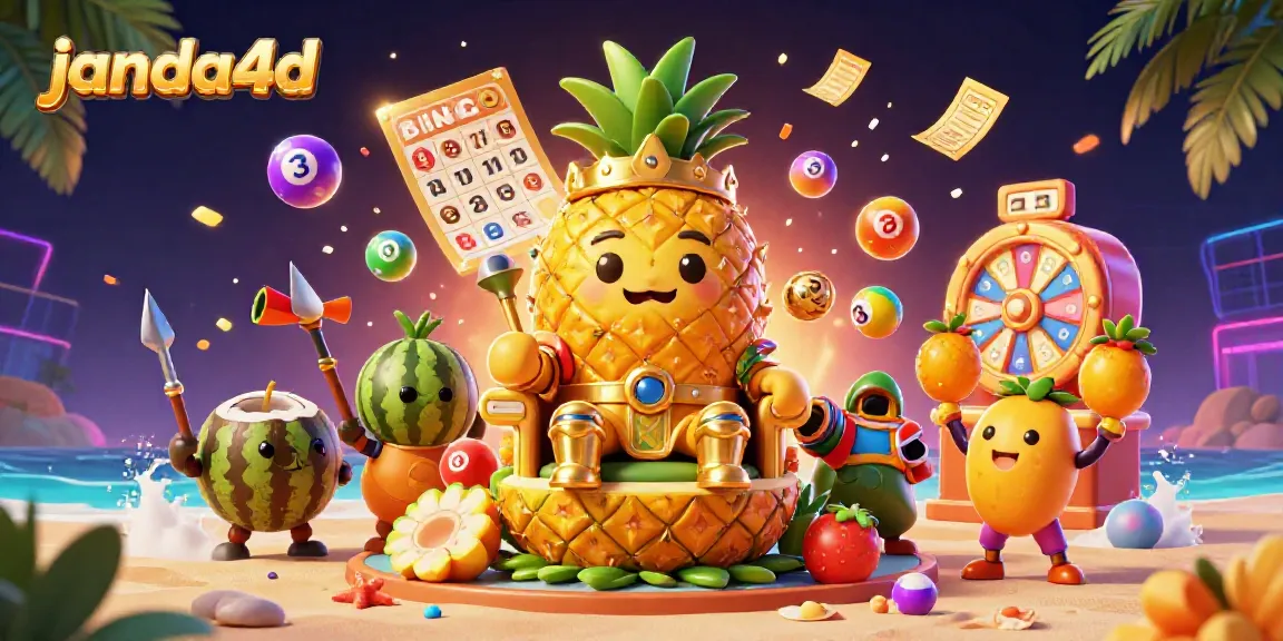 Permainan janda4d menampilkan raja nanas 3D yang berkilau di atas tahta buah, dikelilingi elemen kasino.