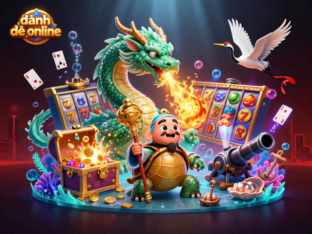 Engage with đánh đề online through this vibrant illustration featuring a dragon, turtles, and slot games.