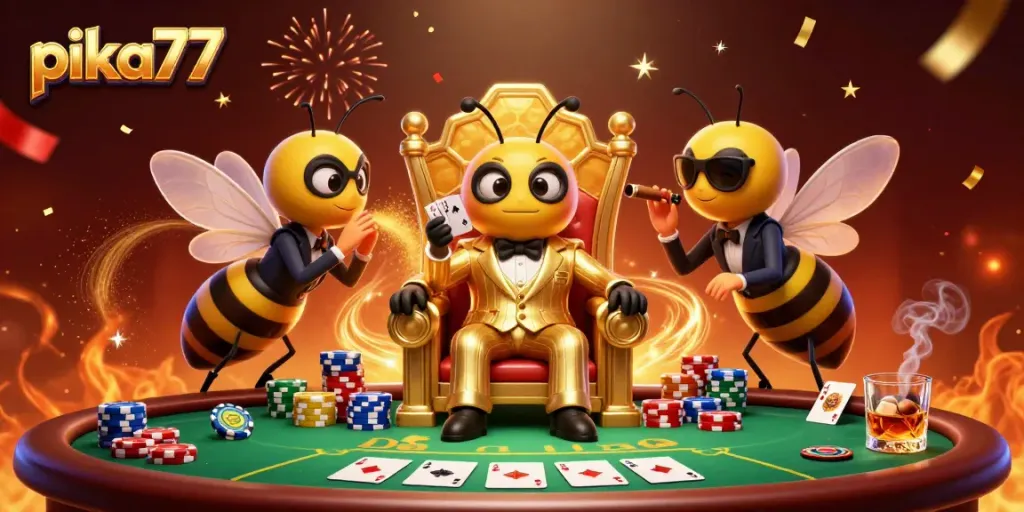 Engage with the thrilling pika77 casino world, featuring vibrant poker elements and a dynamic 3D illustration.