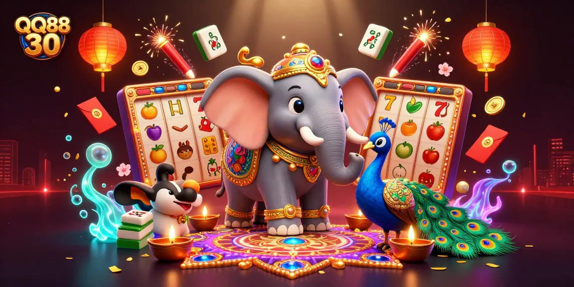 Experience the vibrant treasure of QQ88 30 with an elephant and peacock amidst exciting slot games and festive decorations.