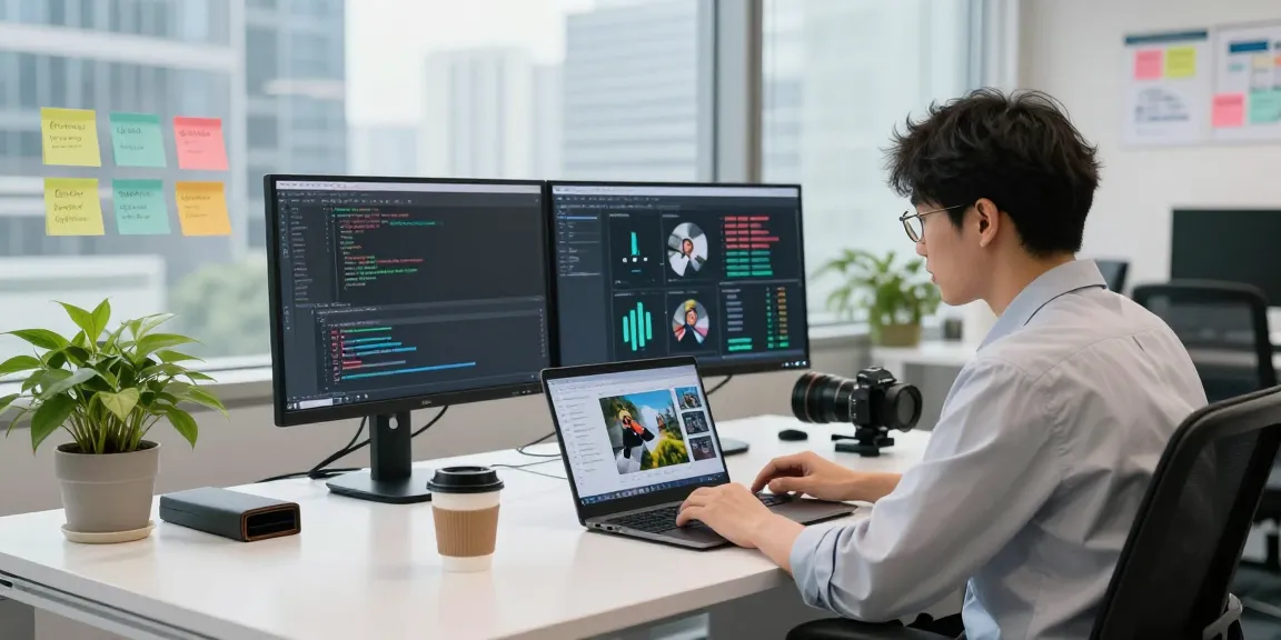 Free AI image detector software analysis in a modern tech workspace with a laptop and dual monitors.
