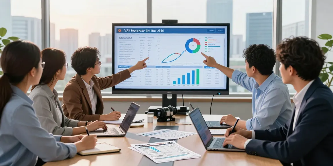 Collaborative office team analyzing business electricity VAT rate data for 2026 in an engaging environment.