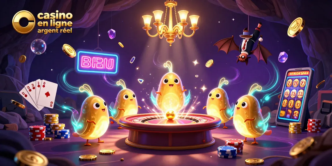 Illustration d'un casino en ligne argent réel avec des vers luisants et un dealer chauve-souris.