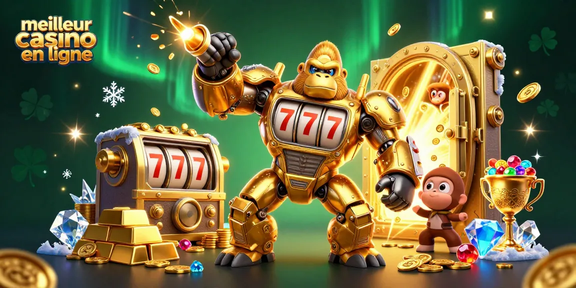 Illustration immersive du meilleur casino en ligne avec un gorille en mécha et des trésors scintillants.