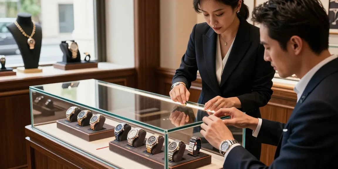 Customer exploring replica watches in a luxurious boutique, showcasing diverse luxury timepieces.