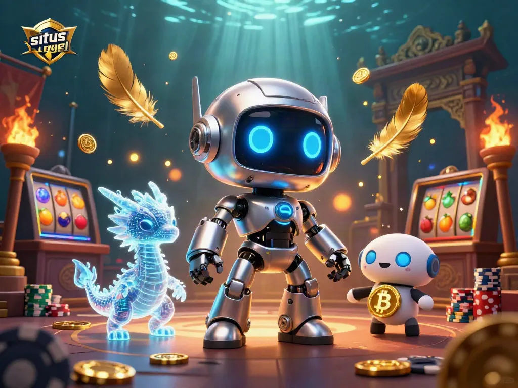Engage in situs togel gaming with a vibrant 3D cyberpunk scene featuring a robot mascot and immersive casino elements.
