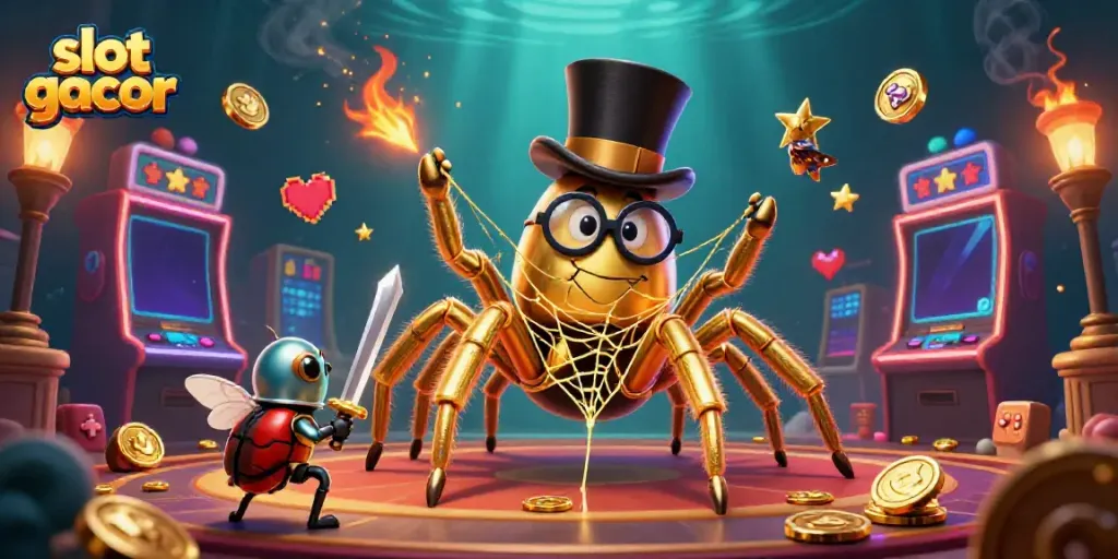 Experience the thrill of slot gacor with a vibrant 3D scene featuring a golden tarantula and a beetle knight.