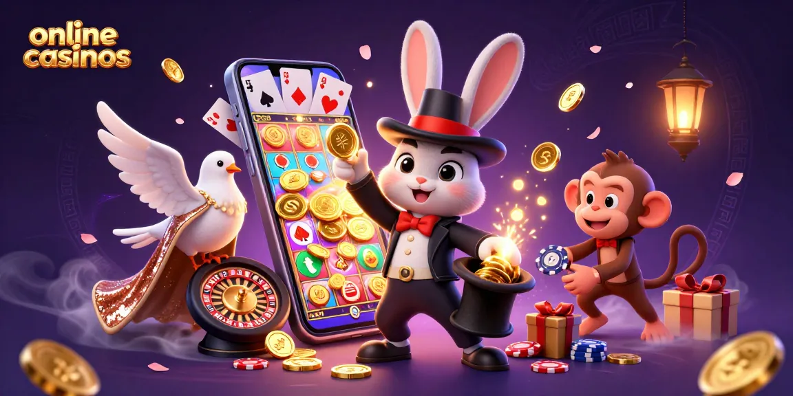 Online casinos feature a magician rabbit pulling coins, a vibrant smartphone with slot games, and lively casino elements.