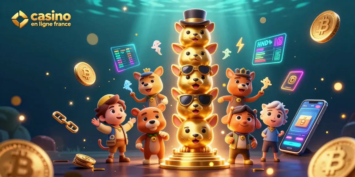 Plongez dans l'univers captivant du casino en ligne France avec un totem ludique entouré de crypto-monnaies scintillantes.