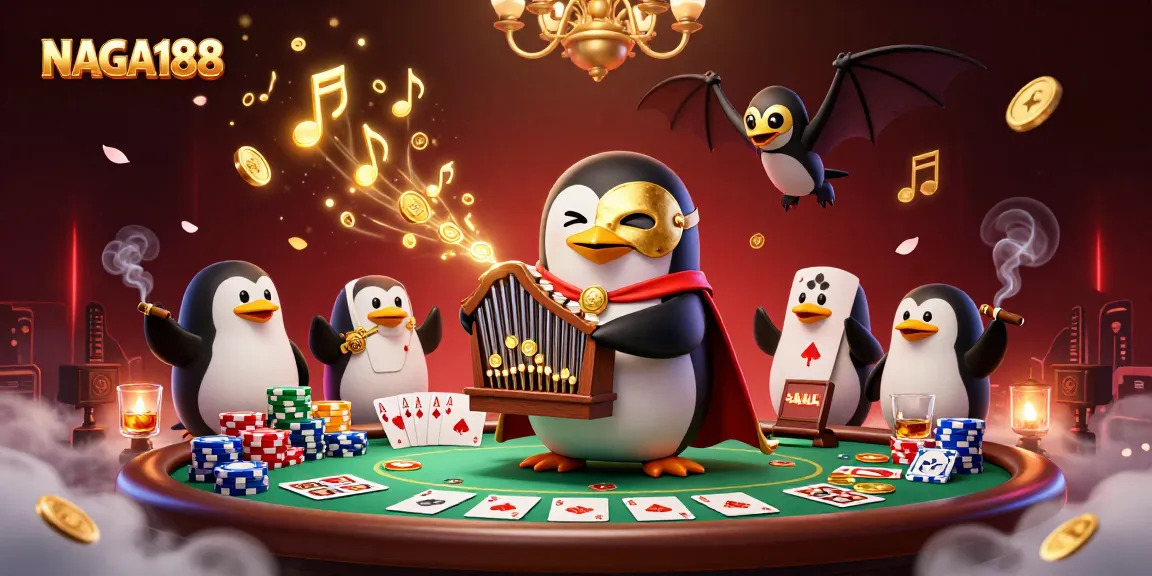 Menggoda permainan di NAGA188 dengan penguin opera fantom main organ yang memuntahkan koin emas.