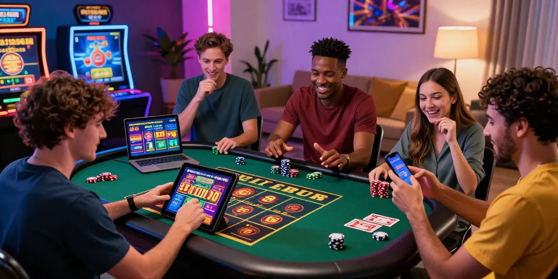 Engaging online casinos Australia scene with players enjoying diverse gaming options at home, showcasing vibrant atmosphere and excitement.