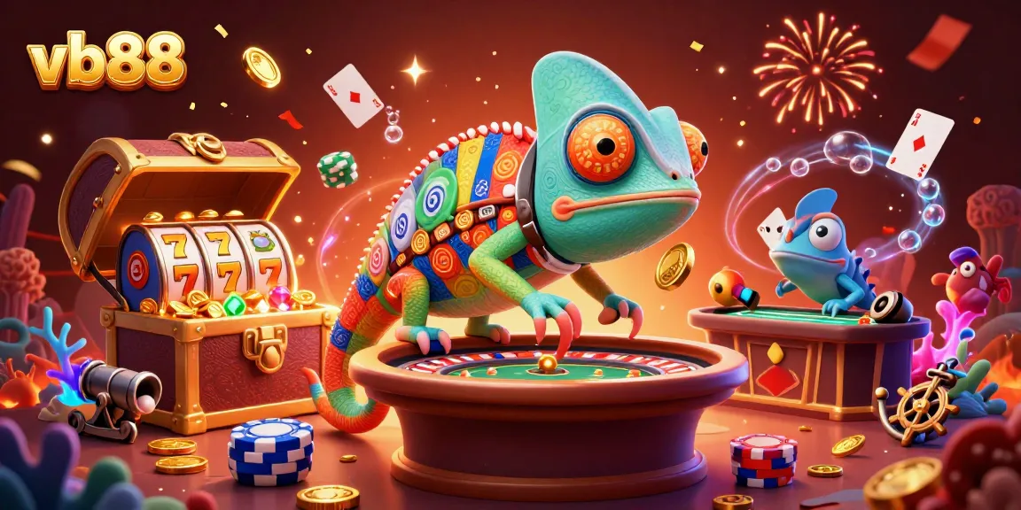 Play slots with vb88's chameleon casino owner amidst a vibrant treasure-filled scene.