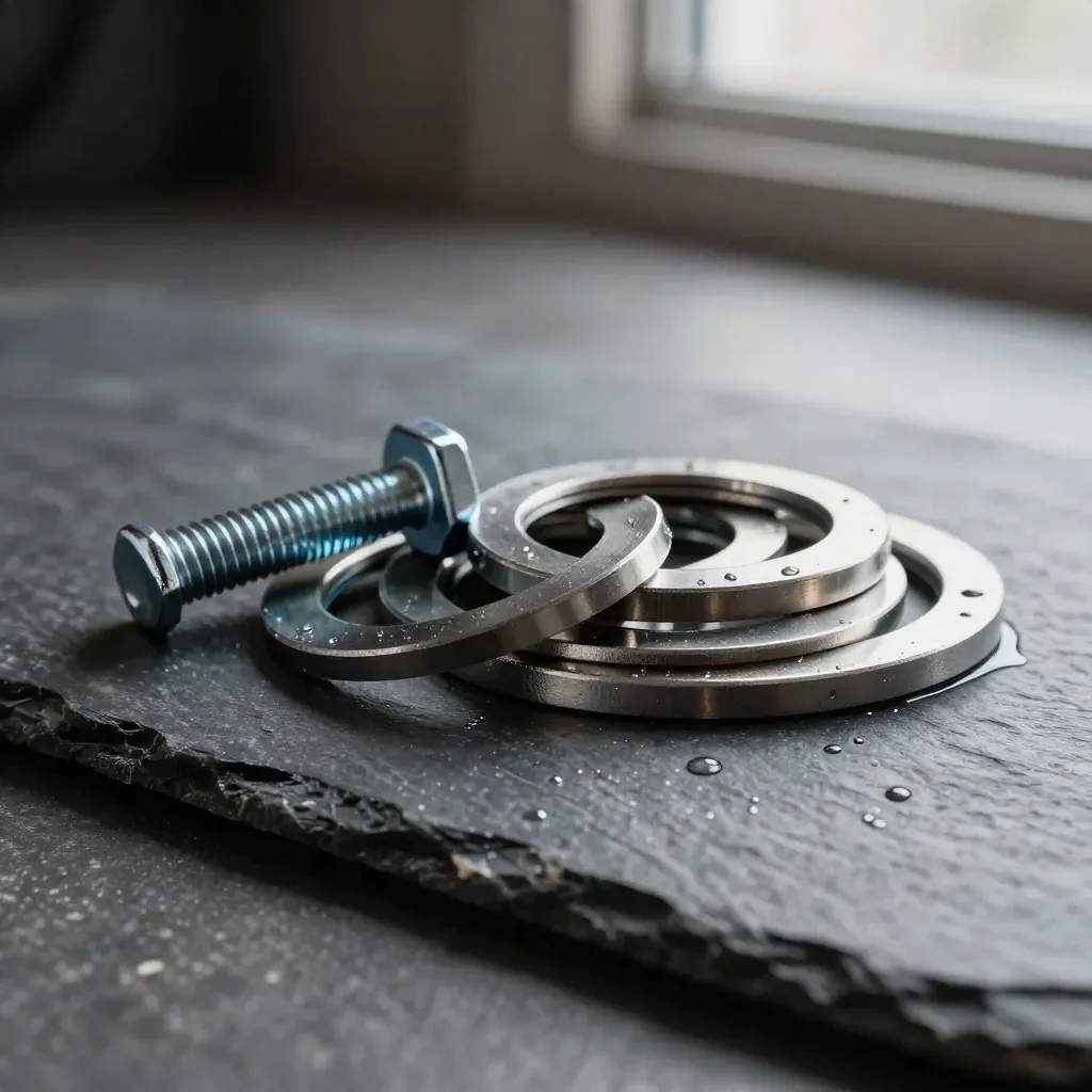Flat washers and a bolt on wet slate with cool dramatic rim light and haze