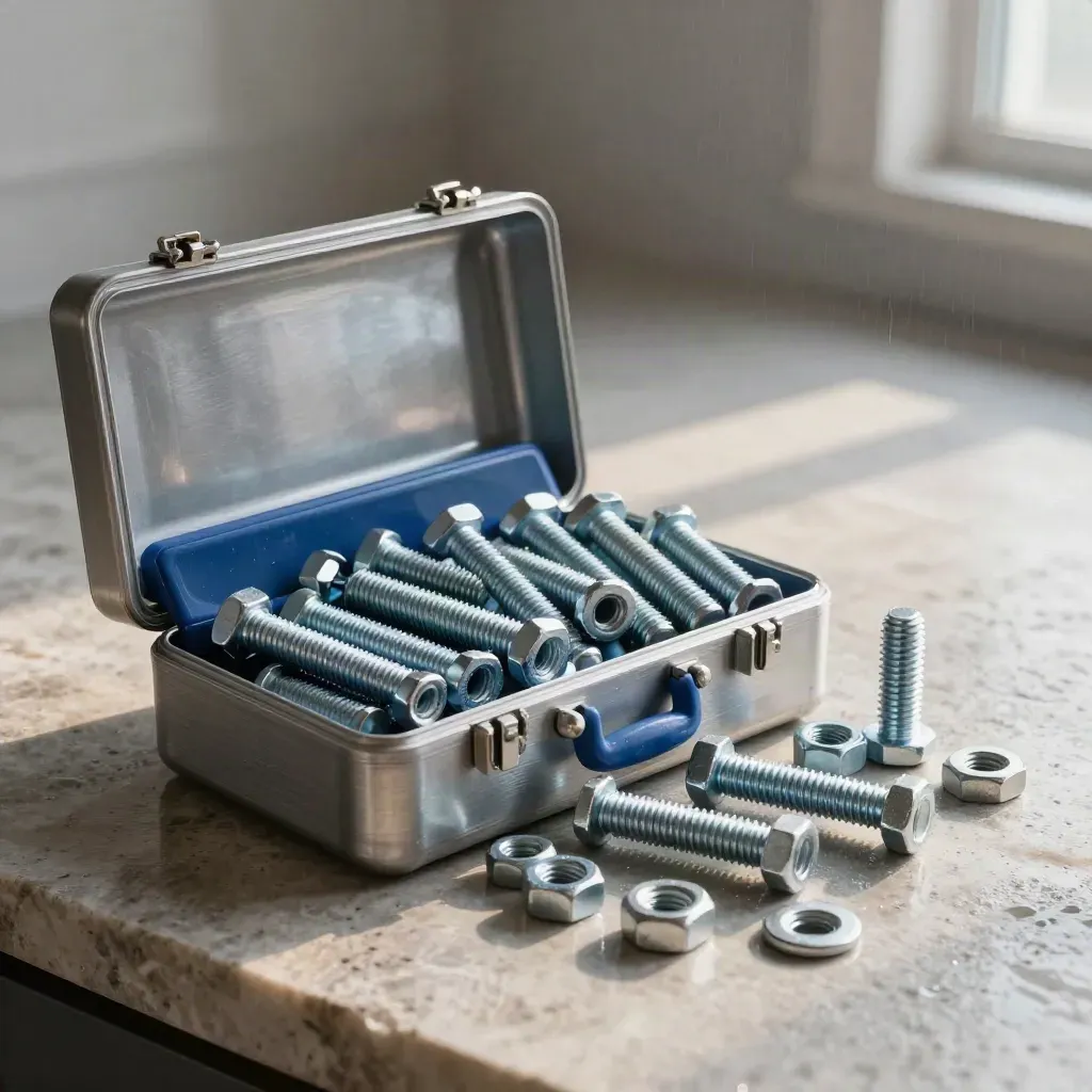 Open hex bolt kit in a metal case on wet stone, lit by dawn mist, shot low and dramatic.