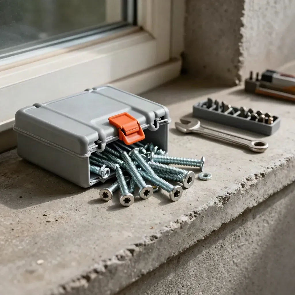 Fastener kit on a concrete ledge with bolts, washers, and a sealed case.