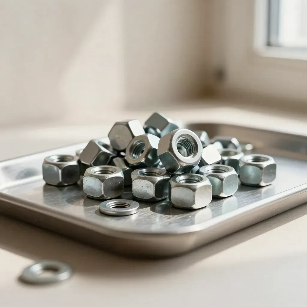 Macro cluster of stainless steel nuts and washers on pale plaster beside a brushed steel tray.
