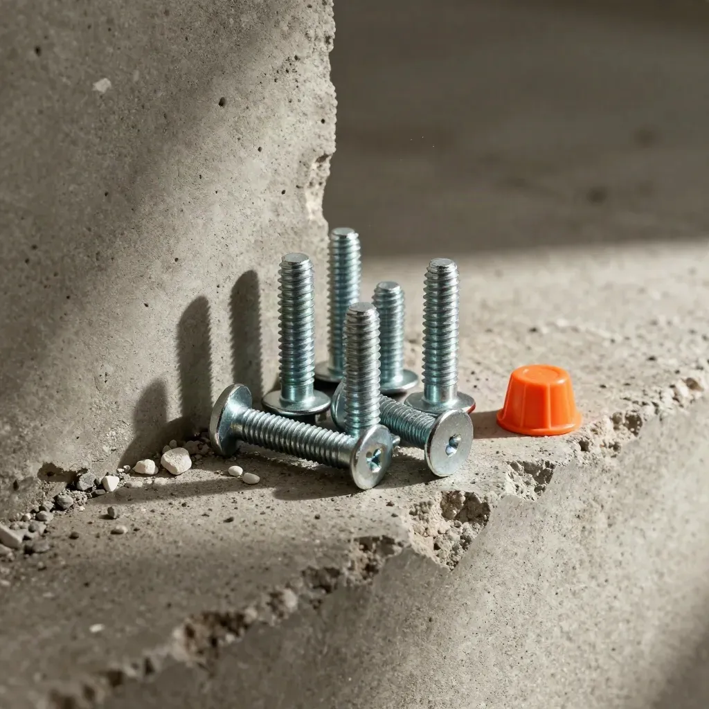 Concrete anchor bolts and sleeves set into a chipped masonry corner with drifting dust.