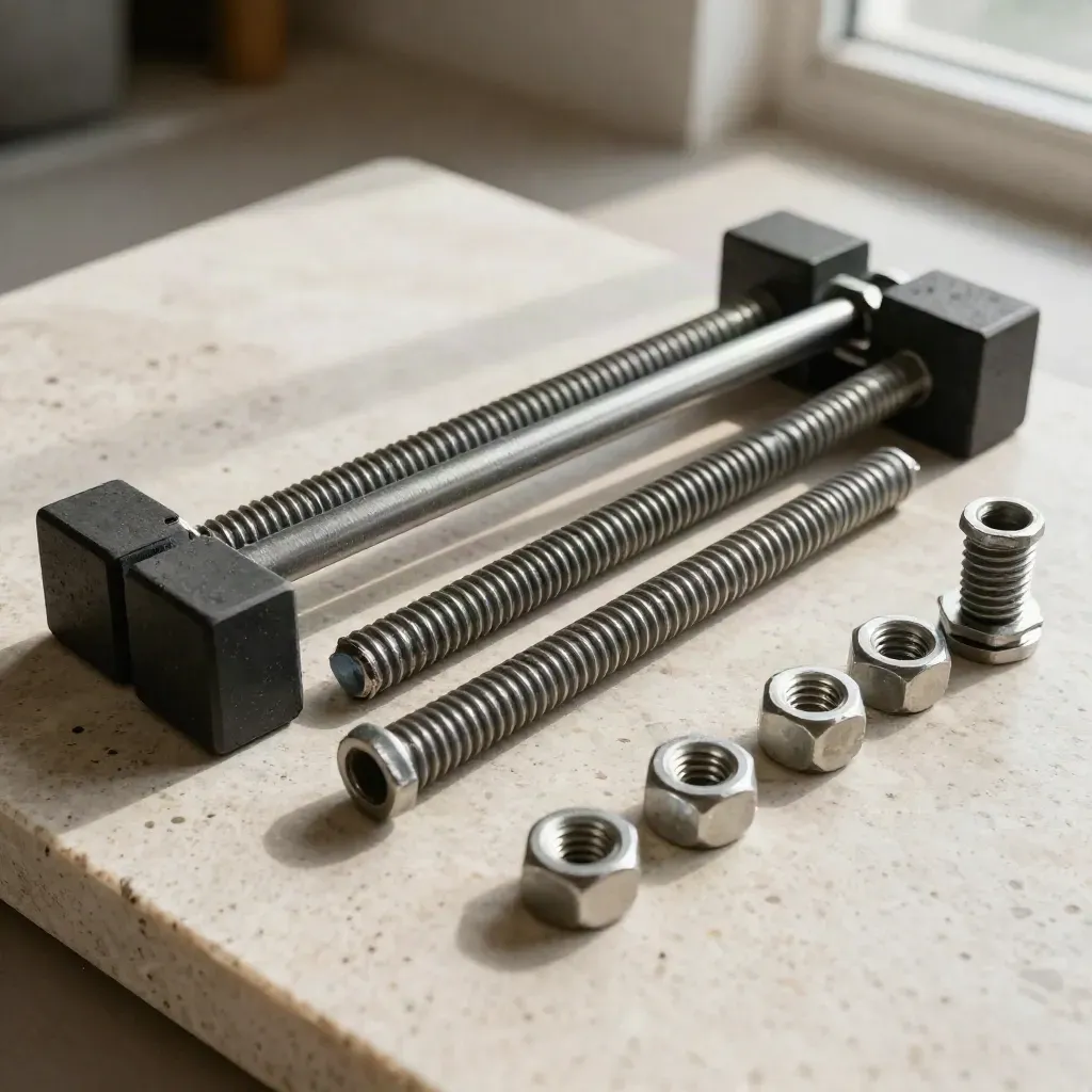 Overhead flatlay of threaded rods, nuts, couplers and a steel plate on travertine.